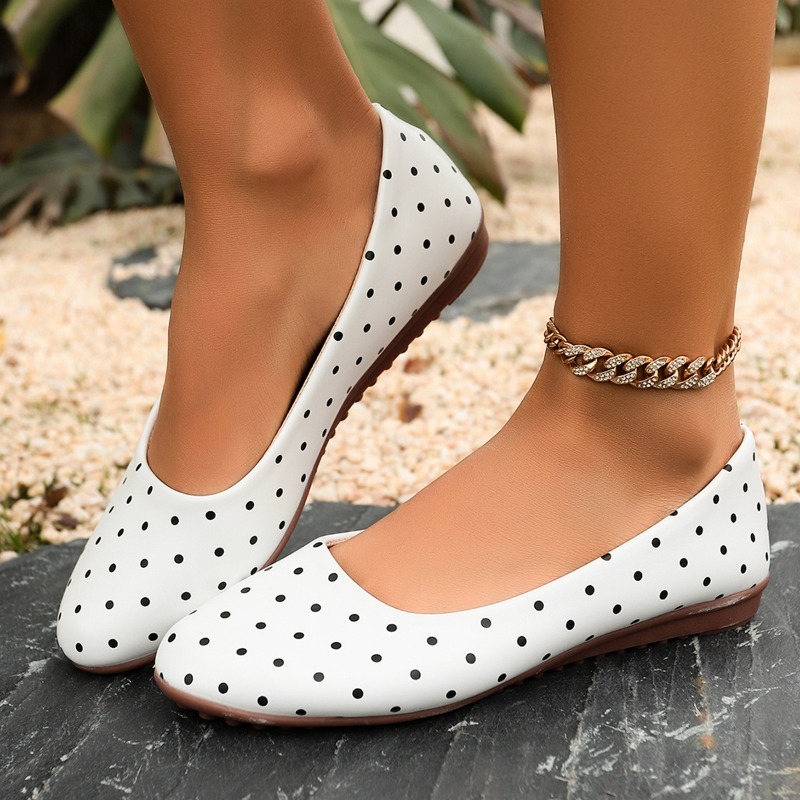 Women'S Fashion Walking Shoes - レディース ホワイト ポルカドット フラットシューズ ラウンドトゥ 1.5CM