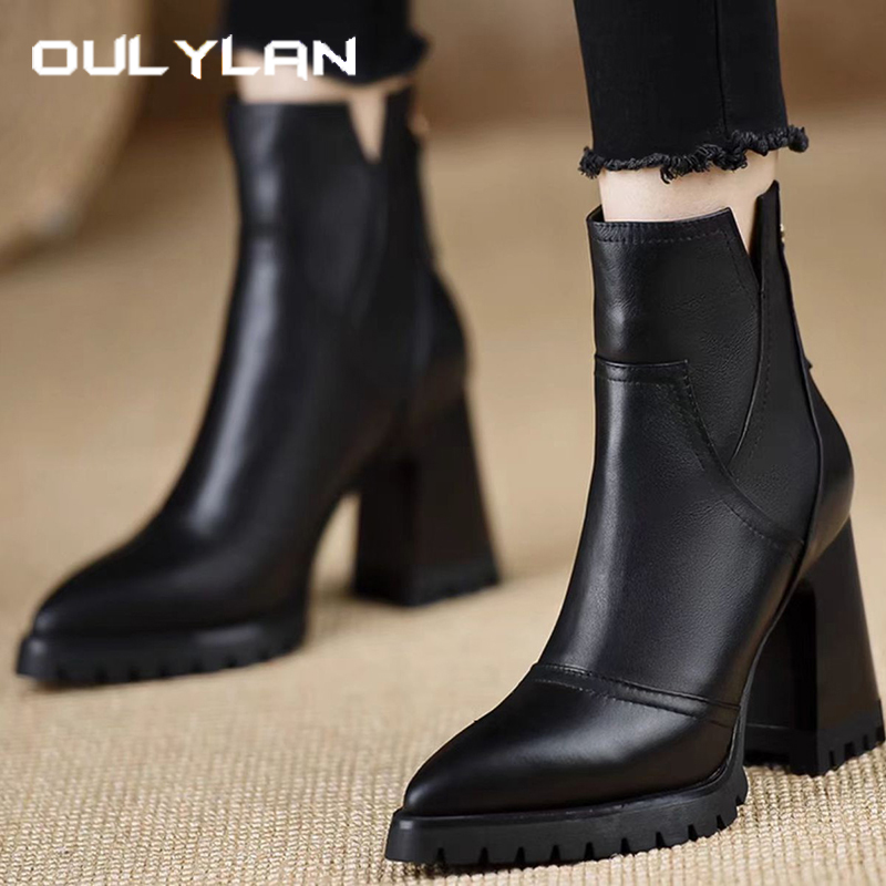 Women'S Fashion Leather Boots - Oulylan 厚いハイヒールの女性の靴レトロエレガントなバックジッパーショートブーツ秋冬ファッションソフトレザーブーツ 34-39