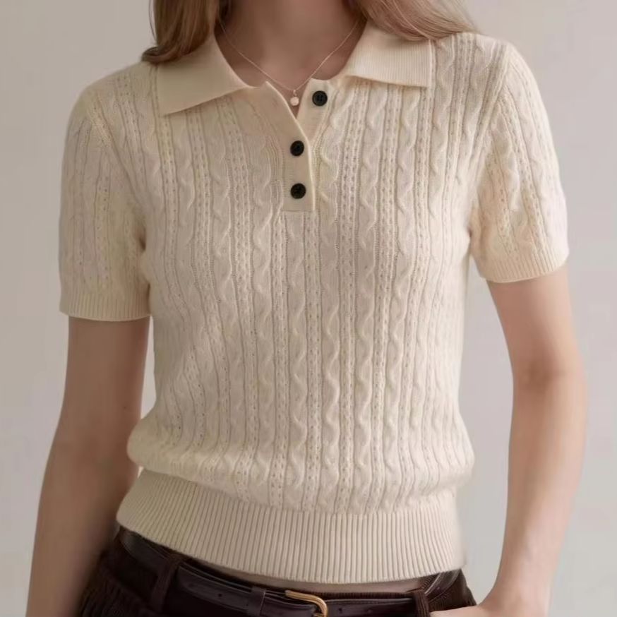 Women Fashion Style - ファッションカジュアルスタイルツイストケーブルニットポロシャツ女性夏半袖スリムフィットショルダートップスオールマッチトップス