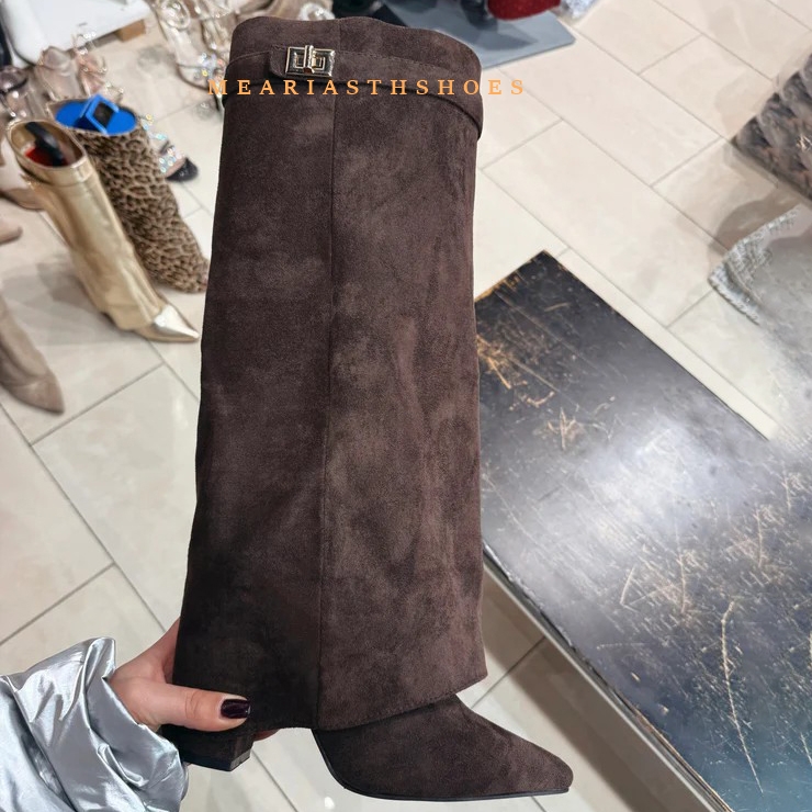 Women'S Fashion Boots 2025 - レディースチャンキーヒールニーハイブーツ、ポインテッドトゥ、ブラックPUレザーロングブーツ、レディース秋冬2025ファッション、シャークブーツ（女性用）