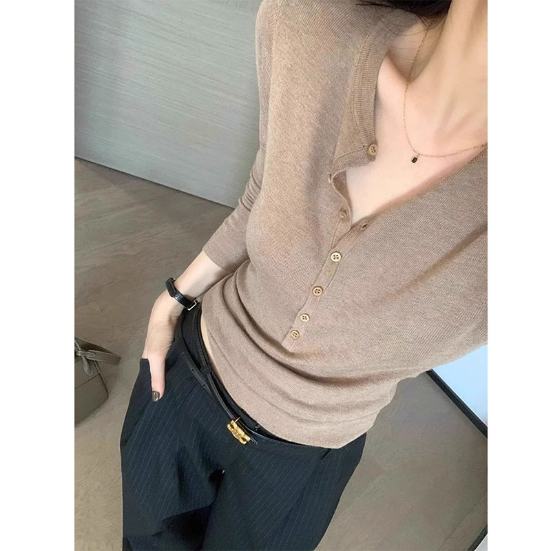 Women Fashion Designer - 女性長袖トップ V ネックボタンデザイン痩身ソリッドカラーシンプルファッションレトロ気質レジャー多用途 Tシャツ