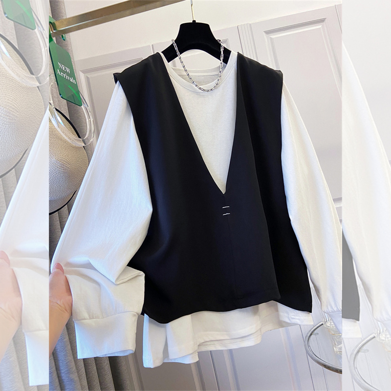 Women Fashion Designer - SuperAen 春の新作レディースオーバーサイズプルオーバーホワイト長袖 T シャツデザインルーズフィットノースリーブトップスセット