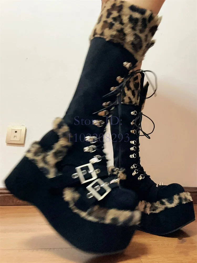 Women'S Fashion Boots 2025 - ヒョウの毛皮の膝丈ブーツ,女性用,モノクロ,丸いつま先,ベルトバックル,ストラップ,サイドジッパー,パンクスタイル,新しいコレクション2025