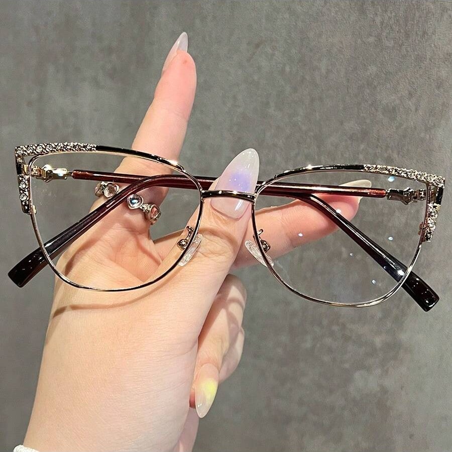 Women'S Fashion Glasses Non Prescription - 1 個の女性用ファッショナブルな非処方箋メガネ新しい絶妙な高級レトロキャットアイダイヤモンドがちりばめられたスタイリッシュな超クリアカジュアル N