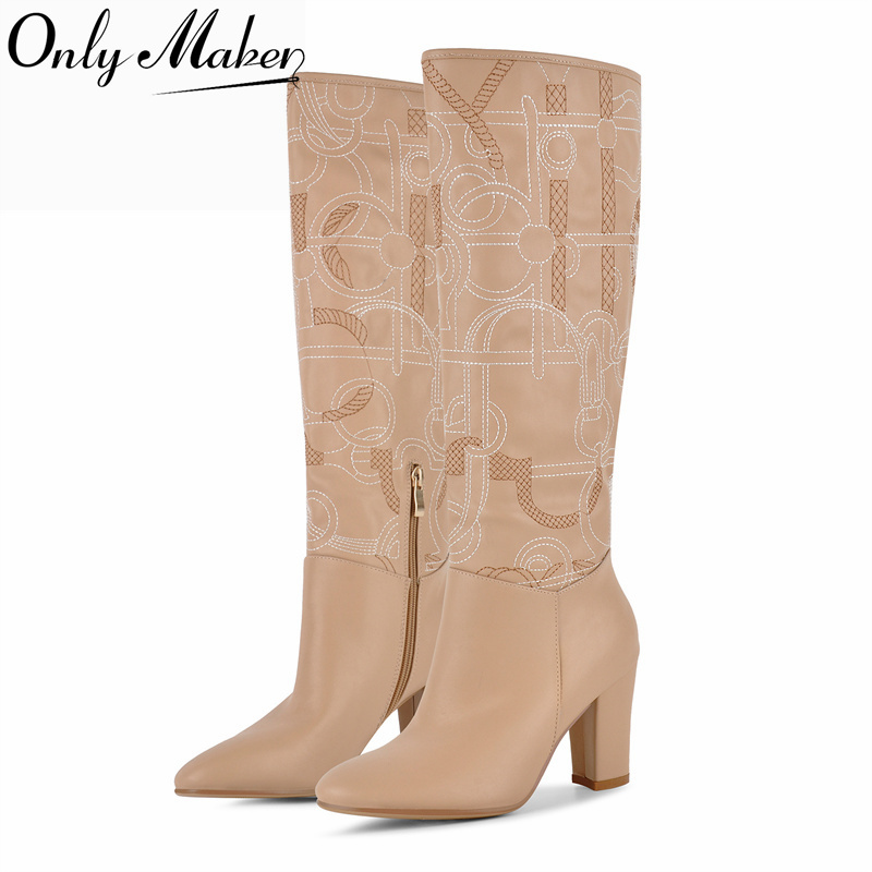 Women'S Fashion Leather Boots - Onlymaker アプリコット刺繍入りニーハイブーツ ラウンドトゥ ブロックヒール サイドジッパー フェイクレザー