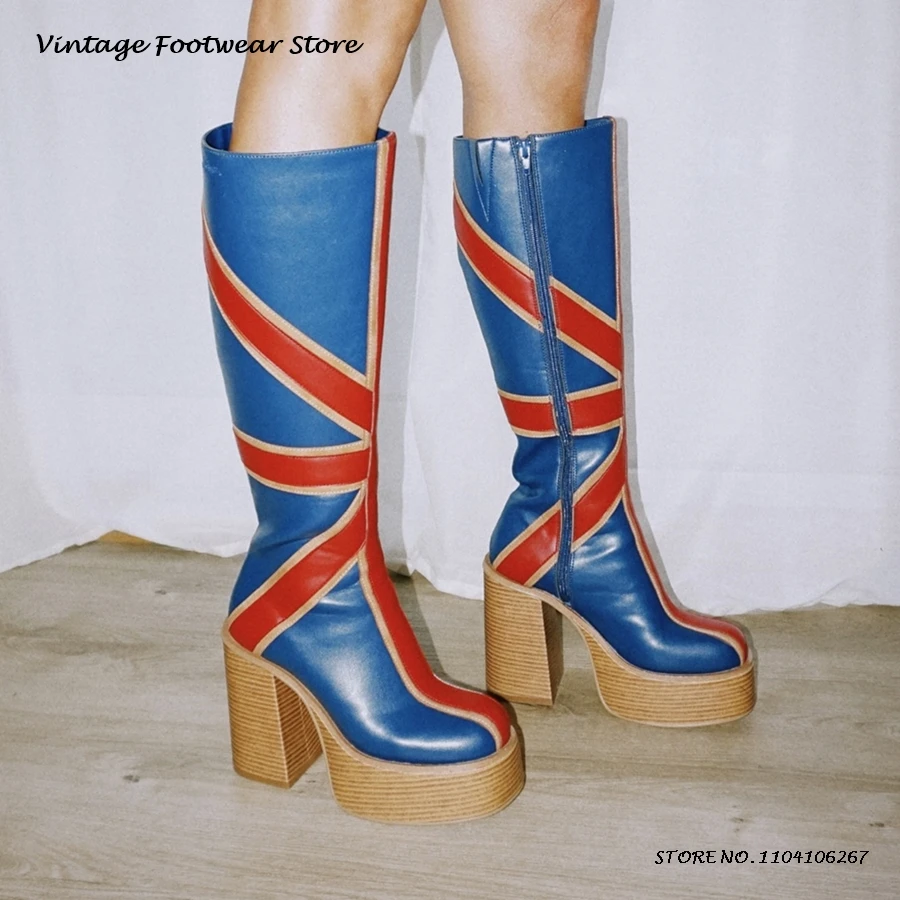 Women'S Fashion Leather Boots - パッチワークレザー Platfrom ニーブーツ英国スタイルラウンドトゥチャンキーヒールブーツ春秋身長増加ウエスタンブーツ