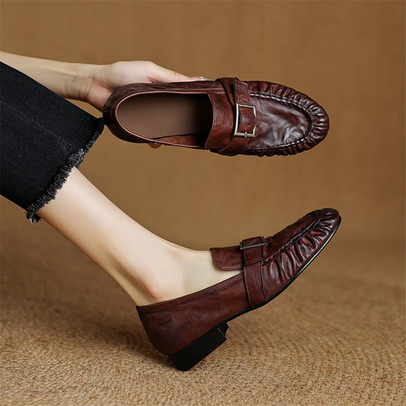 Women'S Fashion Walking Shoes - 女性用本革モカシン,丸いつま先の靴,プリーツパンプス,厚手のヒール,ファッション,秋,新品
