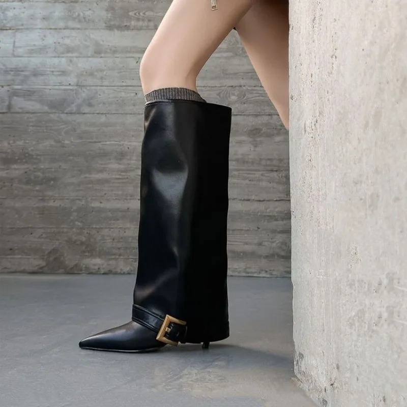 Women'S Fashion Leather Boots - 女性のニーハイブーツクラシックブラックポインテッドレザーブーツデザイナー女性ズボンブーツ気質ファッションブーツボタスムジェ