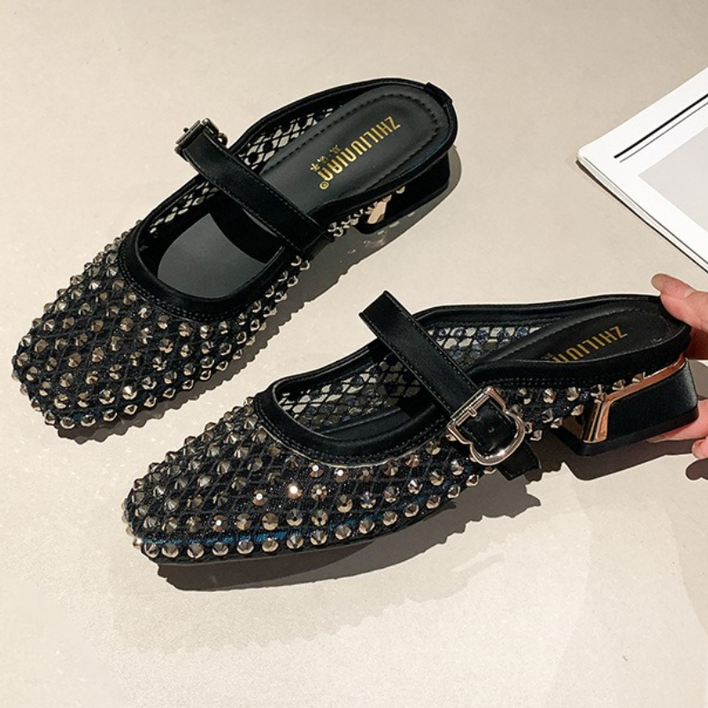 Women'S Fashion Sandals - メッシュラインストーンチャンキーヒールミュールスリッパ女性通気性夏のファッションスライドスクエアトゥサンダル女性のための Pantuflas Mujer