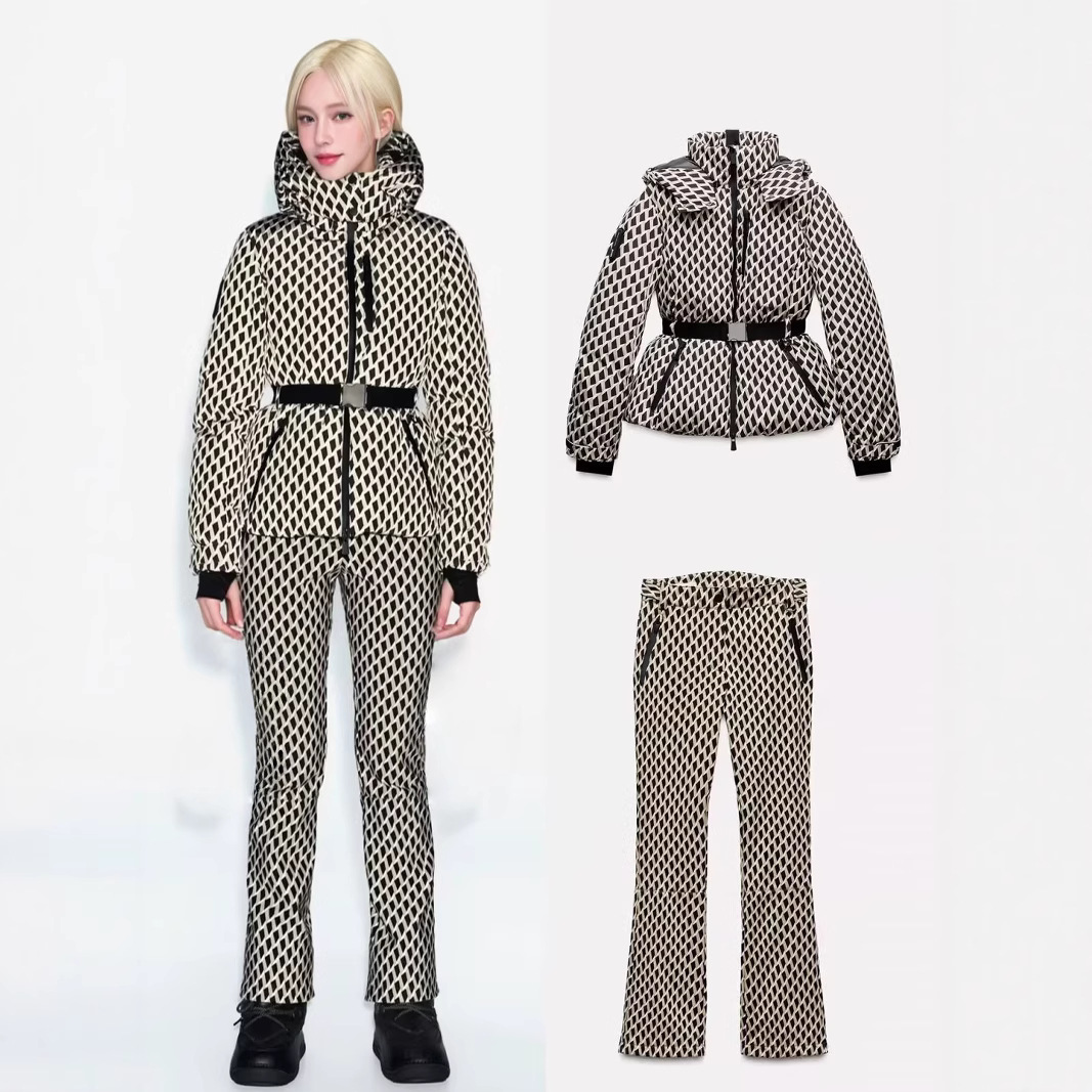 Women'S Fashion Parka - 冬用ツーピーススキーセット、フード付きハイウエストパッド入りスポーツパーカージャケット、ベルト付き、女性用厚手保温ポケット付き防風スキーパンツ