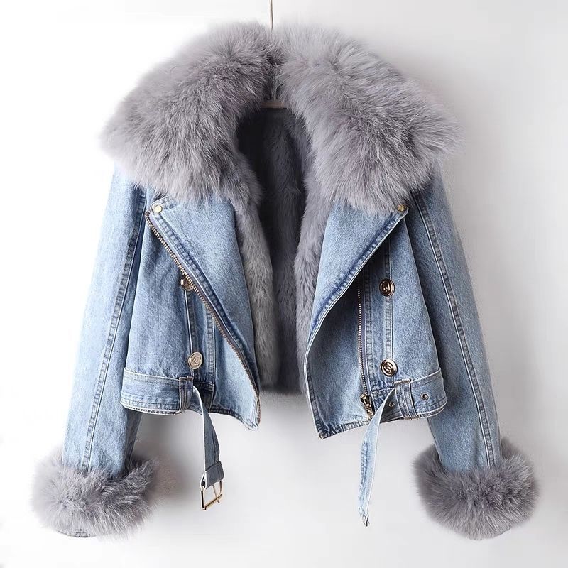 Women'S Fashion Parka - AW新作 レディース フェイクフォックスファー襟付きジーンコート 冬用ジャケット 女性用ショート丈暖かいパーカー ラビットファー裏地付きアウターウェア