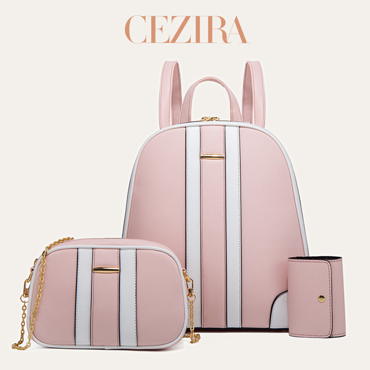Women'S Fashion Backpack - CR ファッション ストライプ パッチワーク バックパックセット レディース
