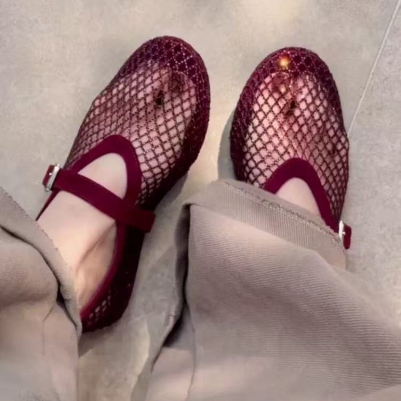 Women'S Fashion Sandals - 中空ラインストーンバオトウサンダル レディース 2026年新作 フィッシングネット通気性織りメリージェーンシングルシューズ