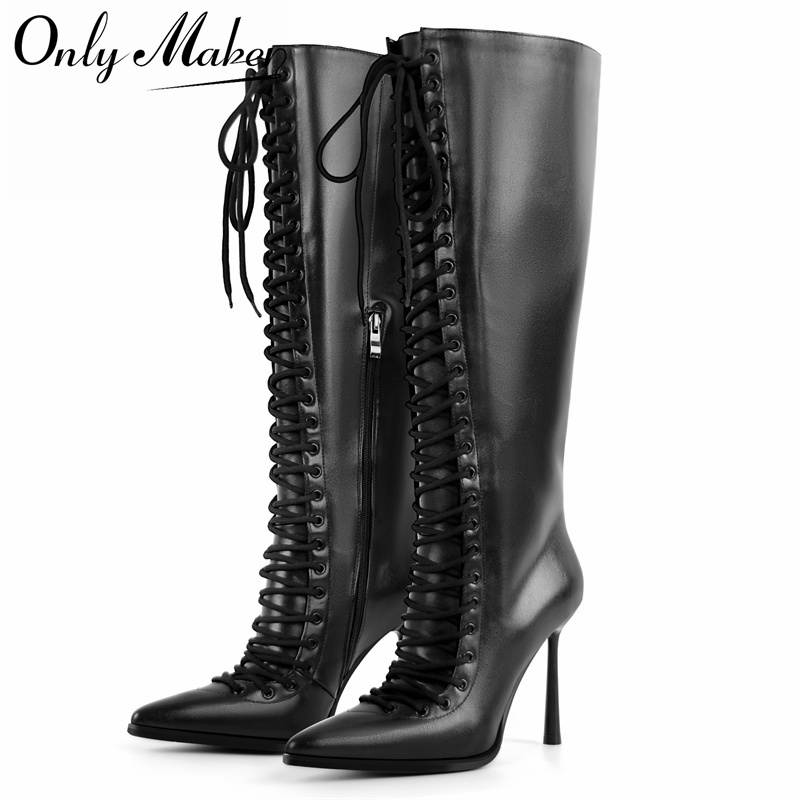 Women'S Fashion Leather Boots - Onlymaker ポインテッドトゥ レースアップ フェイクレザー ニーハイブーツ 細いヒール