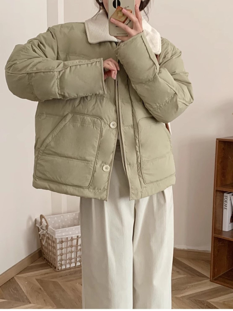 Women'S Fashion Parka - 韓国ファッション パファーパーカー レディース コントラストカラー ビッグポケット 厚手