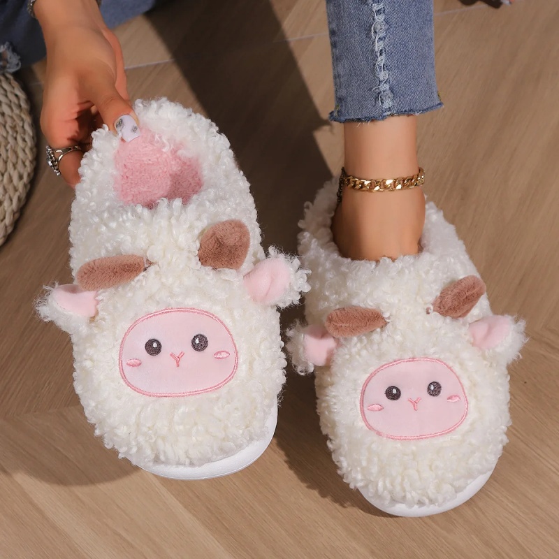 Women'S Fashion Sandals - 冬素敵な小さな羊のスリッパ女性男性用かわいい子羊ぬいぐるみホームサンダルカップルファッション刺繍ソフトコットンスライド