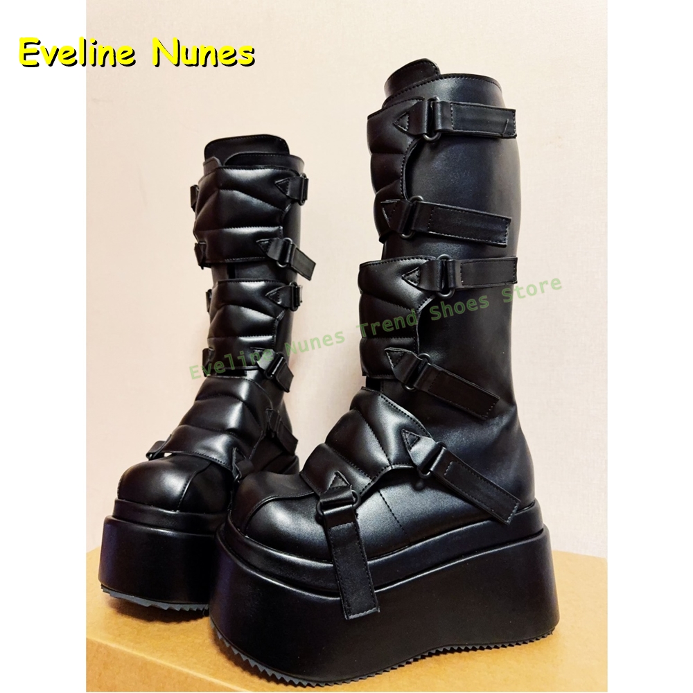 Women'S Fashion Boots 2025 - ブラックバックルサイバーパンクY2Kニーハイブーツビッグラウンドトゥ厚底身長アップサブカルスタイルカップルパンクシューズ2025新作