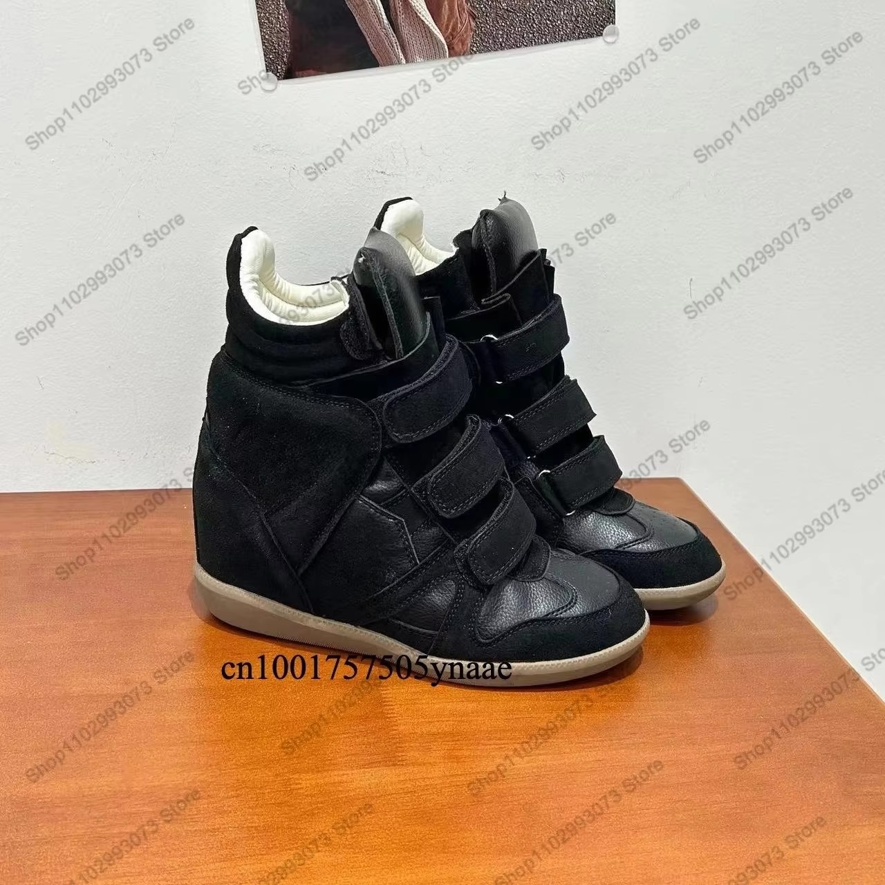 Women'S Fashion Leather Boots - 女性用隠しウェッジヒールハイカットスニーカー、スエードレザーのスプライシング、ベルクロストラップ留め、インナーハイトアップ機能付きアンクルブーツ、軽量で快適なカジュアルファッションシューズ、ストリートショッピング、デート、パーティー、日常、アウトドアウォーキング、外出用