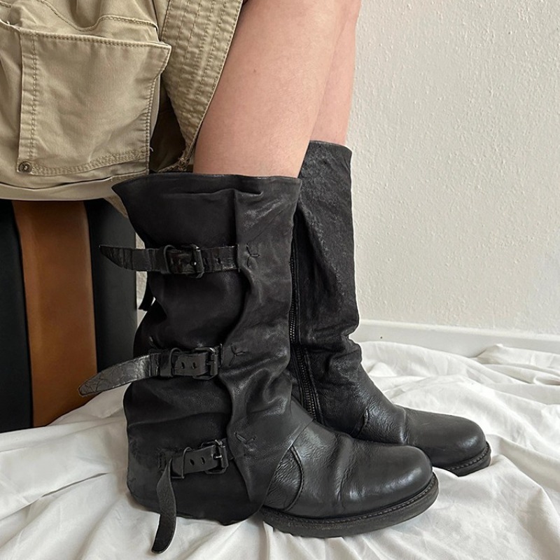 Women'S Fashion Leather Boots - 古典的な女性の靴レトロ高級本革ナイトブーツ女性のためのファッションプラットフォームだらしないブーツデザイナーシューズボタスムジェ