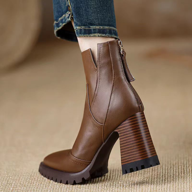 Oulylan 厚いハイヒールの女性の靴レトロエレガントなバ - Women'S Fashion Leather Boots のレビューと価格
