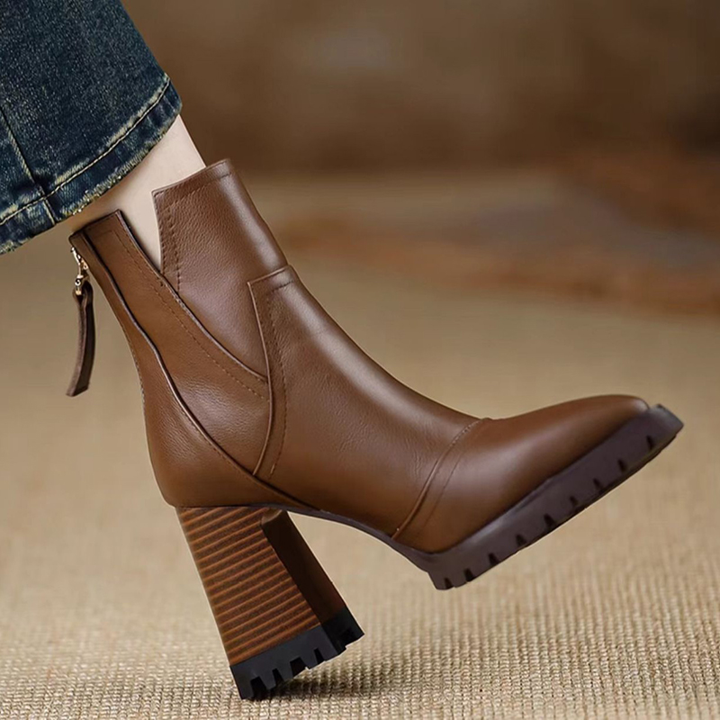 Oulylan 厚いハイヒールの女性の靴レトロエレガントなバ - Women'S Fashion Leather Boots のレビューと価格