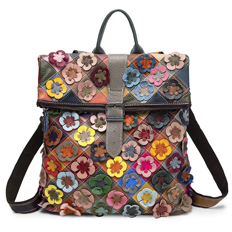 ヴィンテージ女性本革バックパックフラワーリアル牛革ショルダー - Women'S Fashion Backpack のレビューと価格