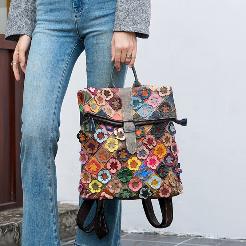 ヴィンテージ女性本革バックパックフラワーリアル牛革ショルダー - Women'S Fashion Backpack のレビューと価格