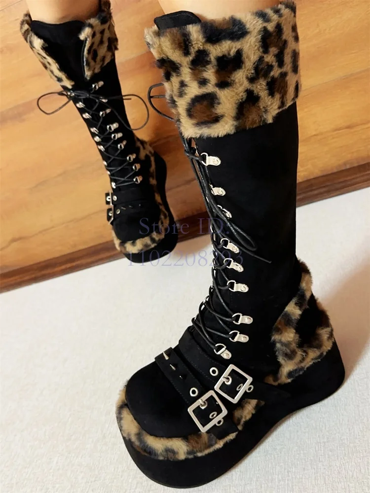 ヒョウの毛皮の膝丈ブーツ,女性用,モノクロ,丸いつま先,ベル - Women'S Fashion Boots 2025 のレビューと価格