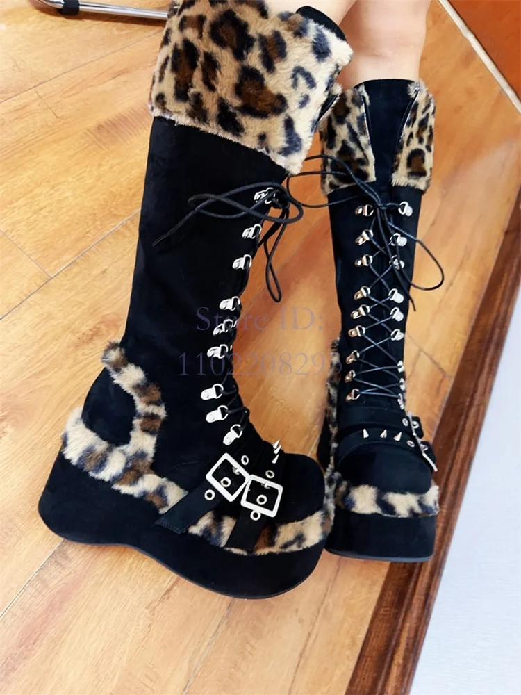 ヒョウの毛皮の膝丈ブーツ,女性用,モノクロ,丸いつま先,ベル - Women'S Fashion Boots 2025 のレビューと価格