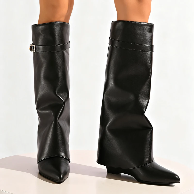 黒のPUレザーニーハイブーツ レディース セクシー ポインテ - Women'S Fashion Leather Boots のレビューと価格
