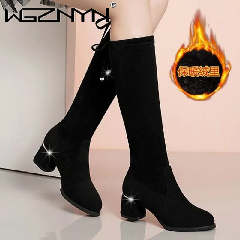 女性の丸いつま先のスエードハイヒールブーツ,快適な黒い膝の靴 - Women'S Fashion Boots 2025 のレビューと価格