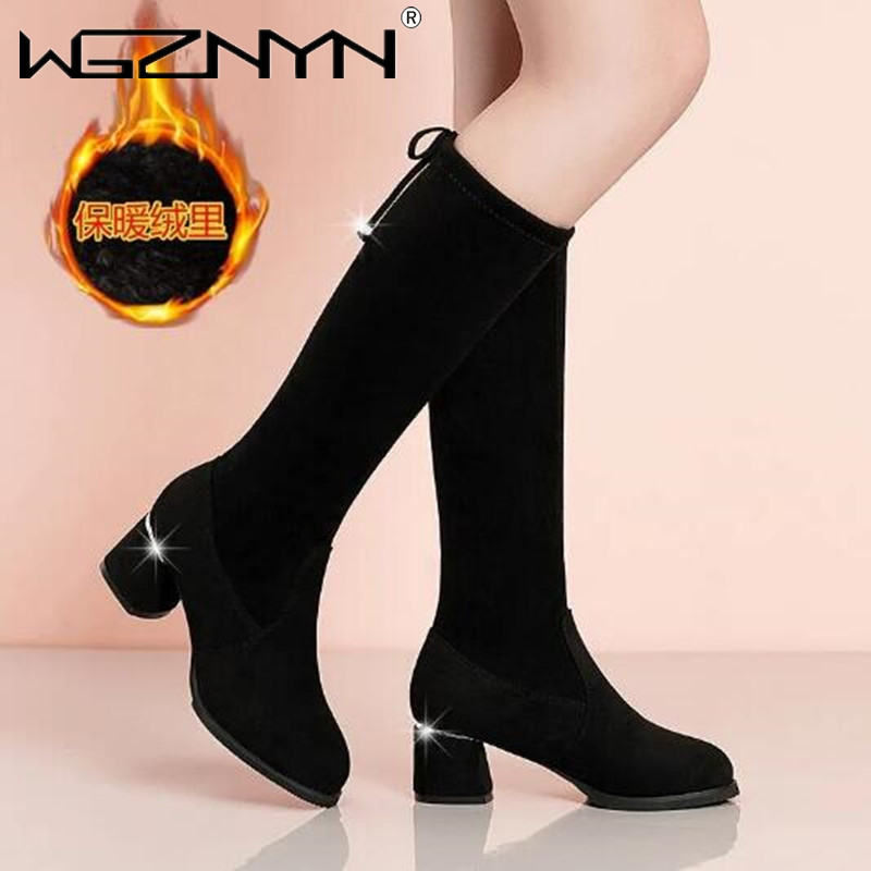 女性の丸いつま先のスエードハイヒールブーツ,快適な黒い膝の靴 - Women'S Fashion Boots 2025 のレビューと価格