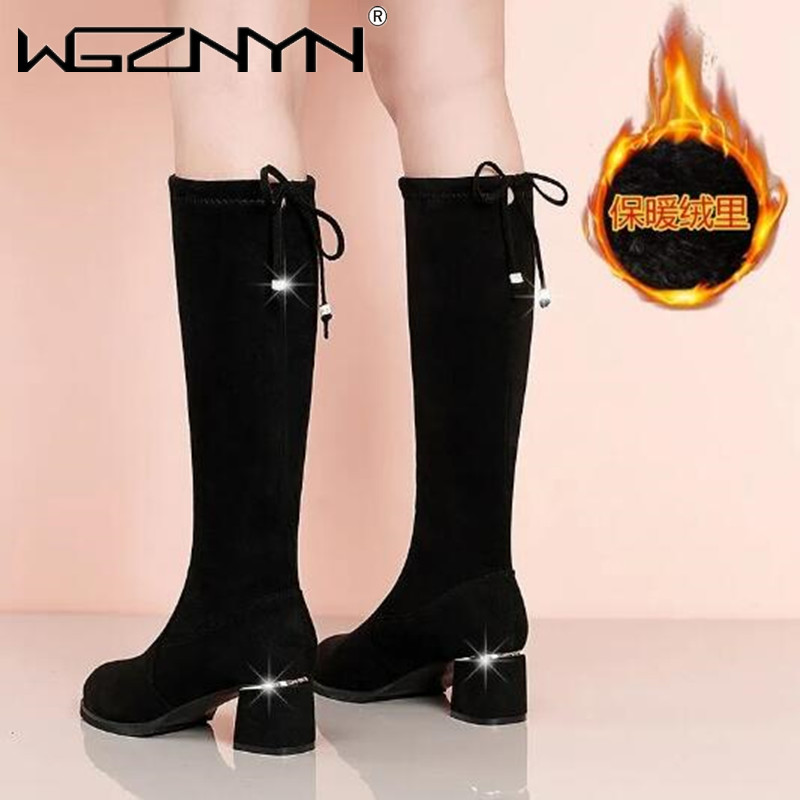 女性の丸いつま先のスエードハイヒールブーツ,快適な黒い膝の靴 - Women'S Fashion Boots 2025 のレビューと価格