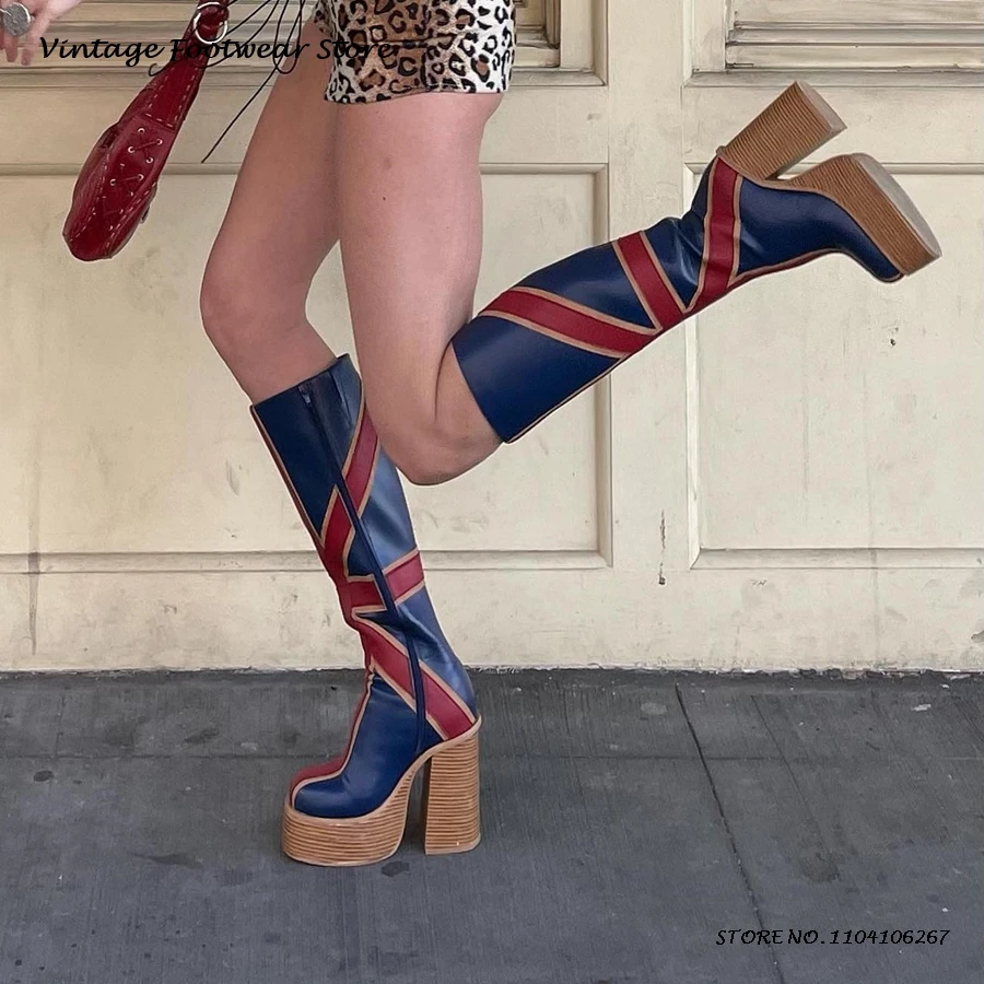 パッチワークレザー Platfrom ニーブーツ英国スタイル - Women'S Fashion Leather Boots のレビューと価格