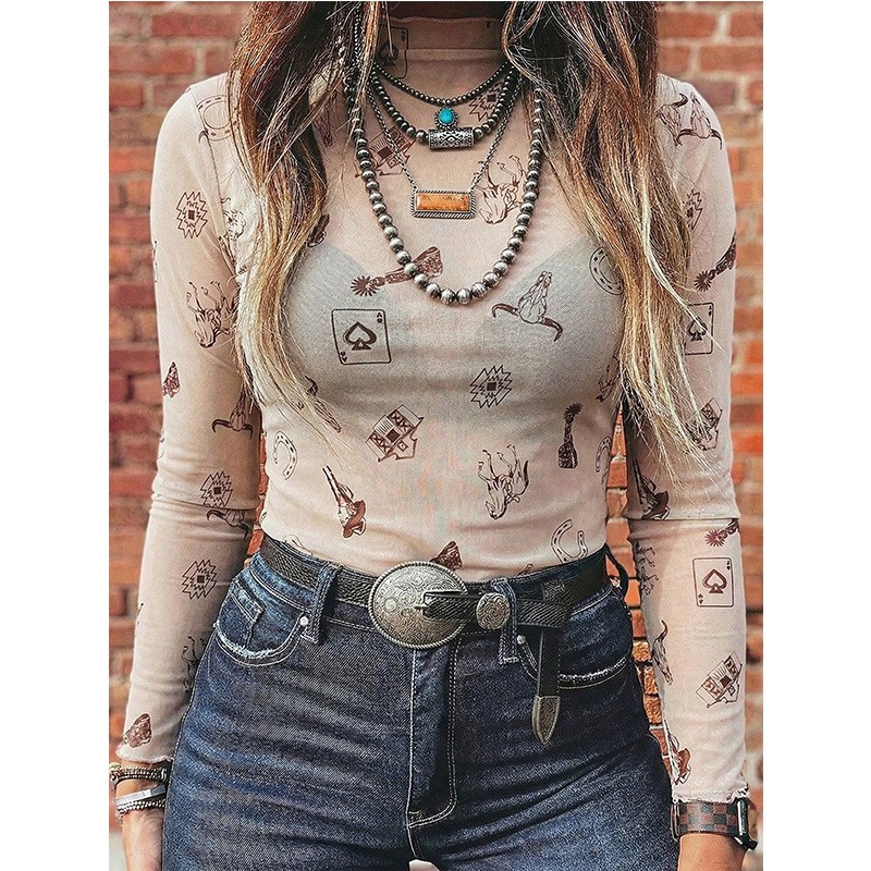 女性の秋のメッシュタートルネックスリムフィット長袖 Tシャツ - Women Fashion Style のレビューと価格