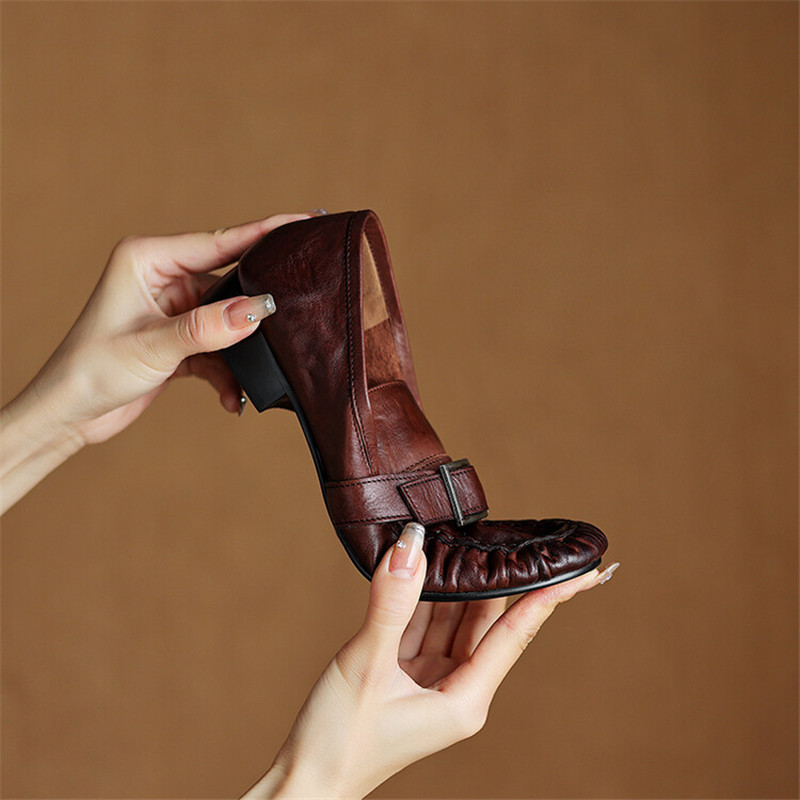 女性用本革モカシン,丸いつま先の靴,プリーツパンプス,厚手の - Women'S Fashion Walking Shoes のレビューと価格