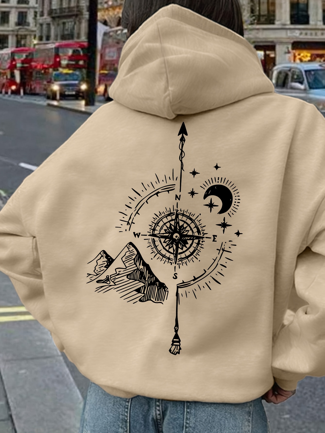 女性用コンパスプリントフーディー、ユニセックス、秋冬用フリー - Hoodie Women Oversized のレビューと価格