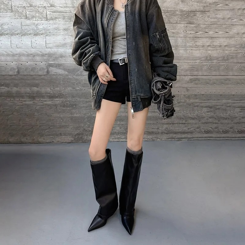 女性のニーハイブーツクラシックブラックポインテッドレザーブー - Women'S Fashion Leather Boots のレビューと価格