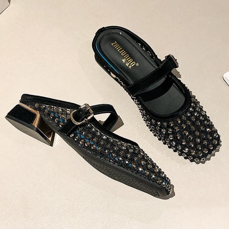 メッシュラインストーンチャンキーヒールミュールスリッパ女性通 - Women'S Fashion Sandals のレビューと価格