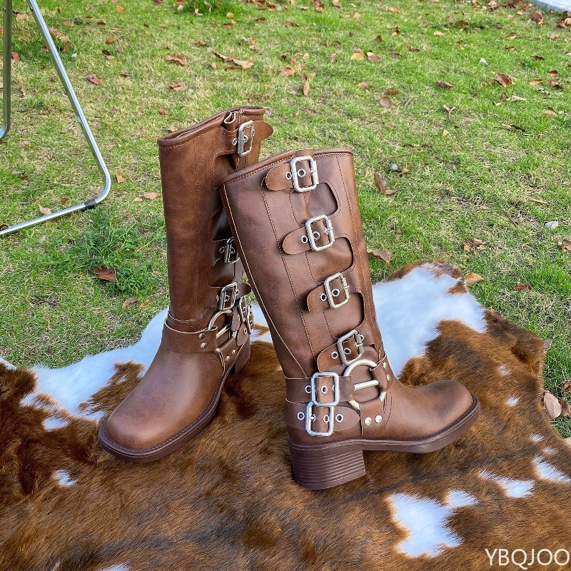ベルトバックルレトロハイブーツ、新型ロング厚底ヒール、身長ア - Women'S Fashion Boots 2025 のレビューと価格