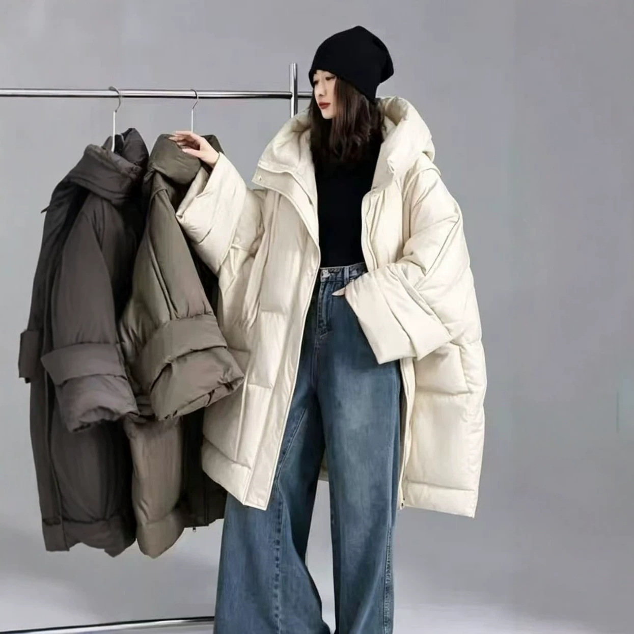 冬用スタンドカラーゆったりダウンジャケット レディース ホワ - Women'S Fashion Parka のレビューと価格